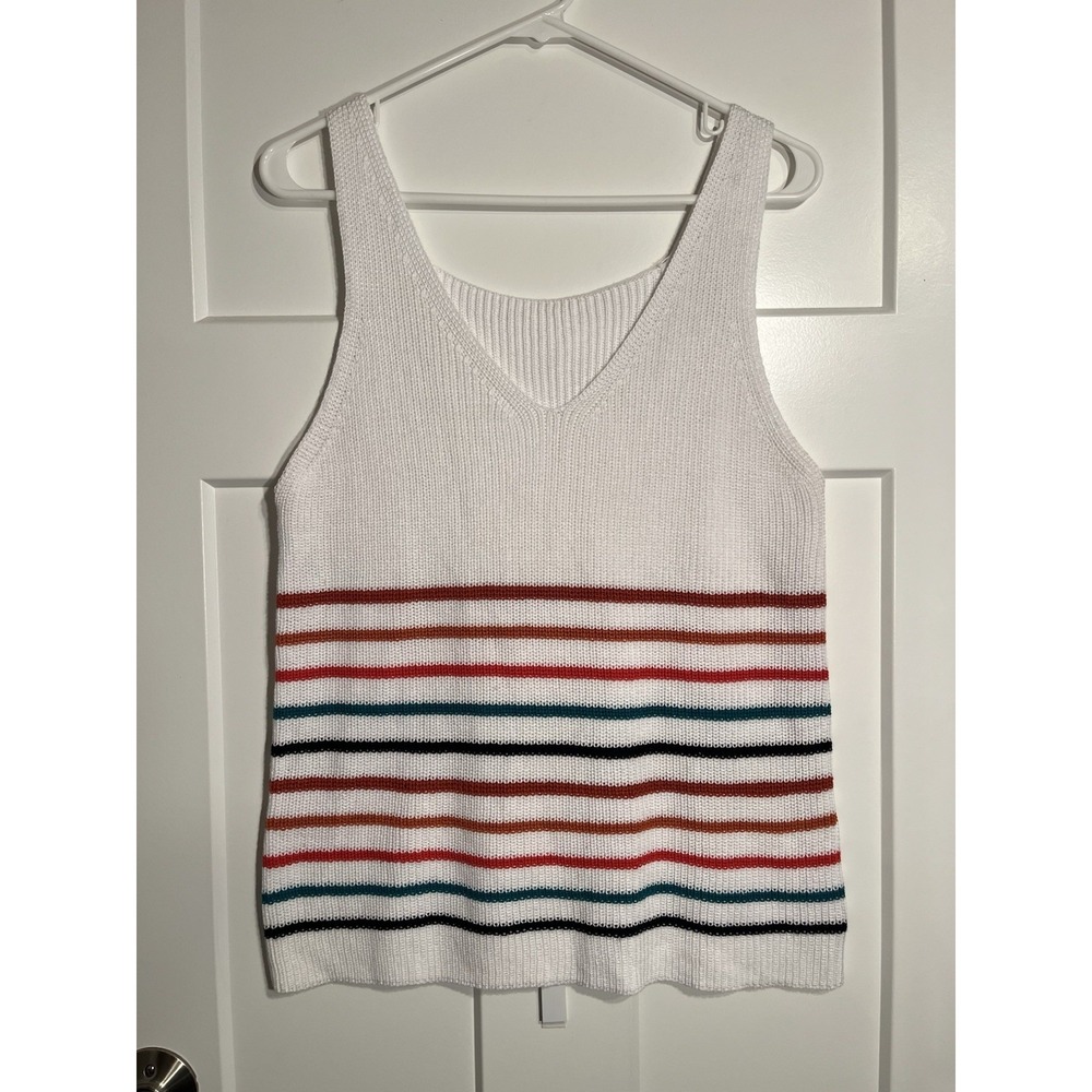 Womens Striped Knit Sweater Tank Top Size Medium White Red Teal Rust Boho